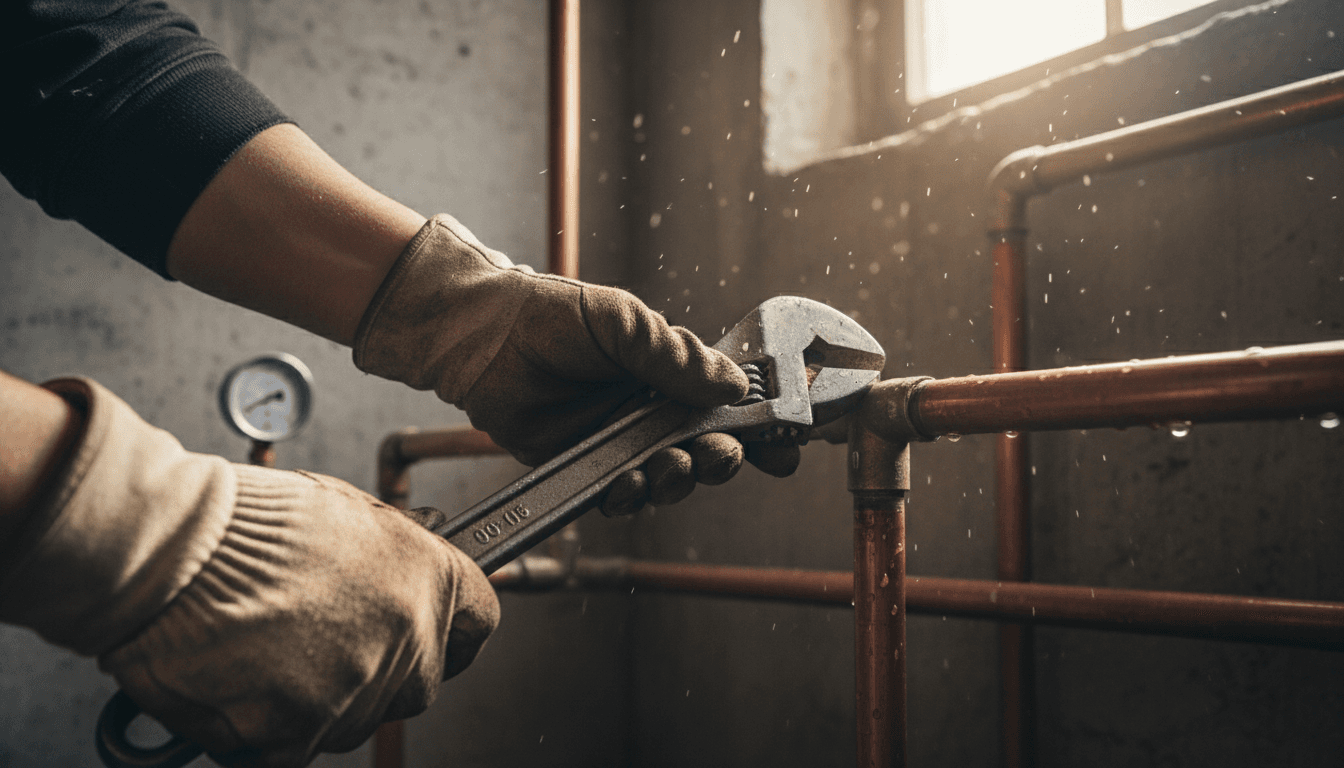 Plumber's hands tightening a pipe fitting with a wrench during drain pipe installation
