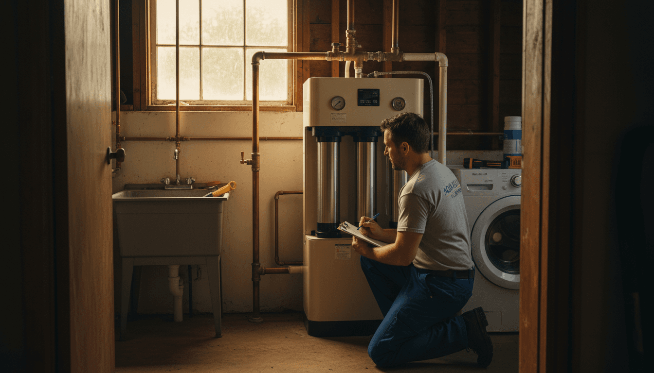 Plumber assessing a water softener system in a residential home
