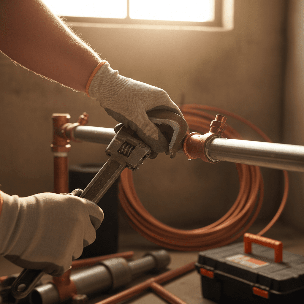 Plumber carefully tightening a pipe connection with a wrench