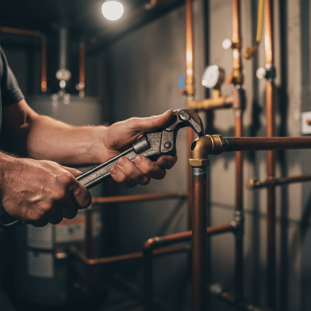 Plumber installing copper pipe with precision and attention to detail