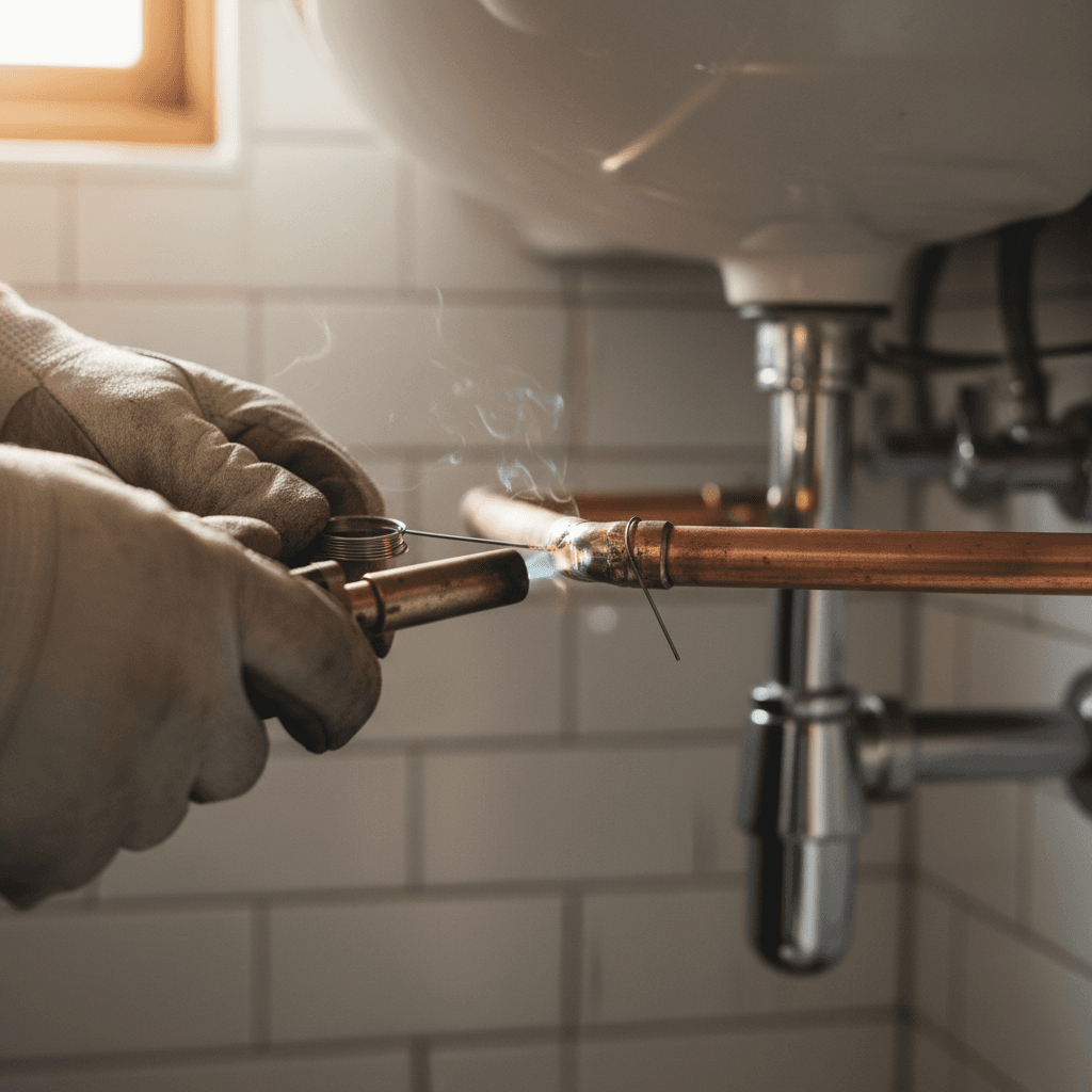 Skilled plumber installing copper piping with precision during residential repair work