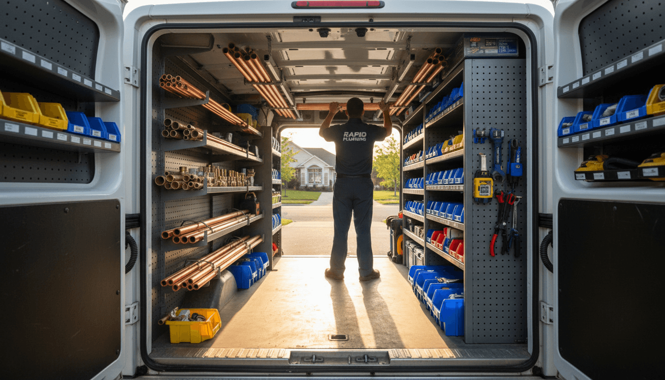 Mr Plumbing and Drains service van with organized plumbing equipment