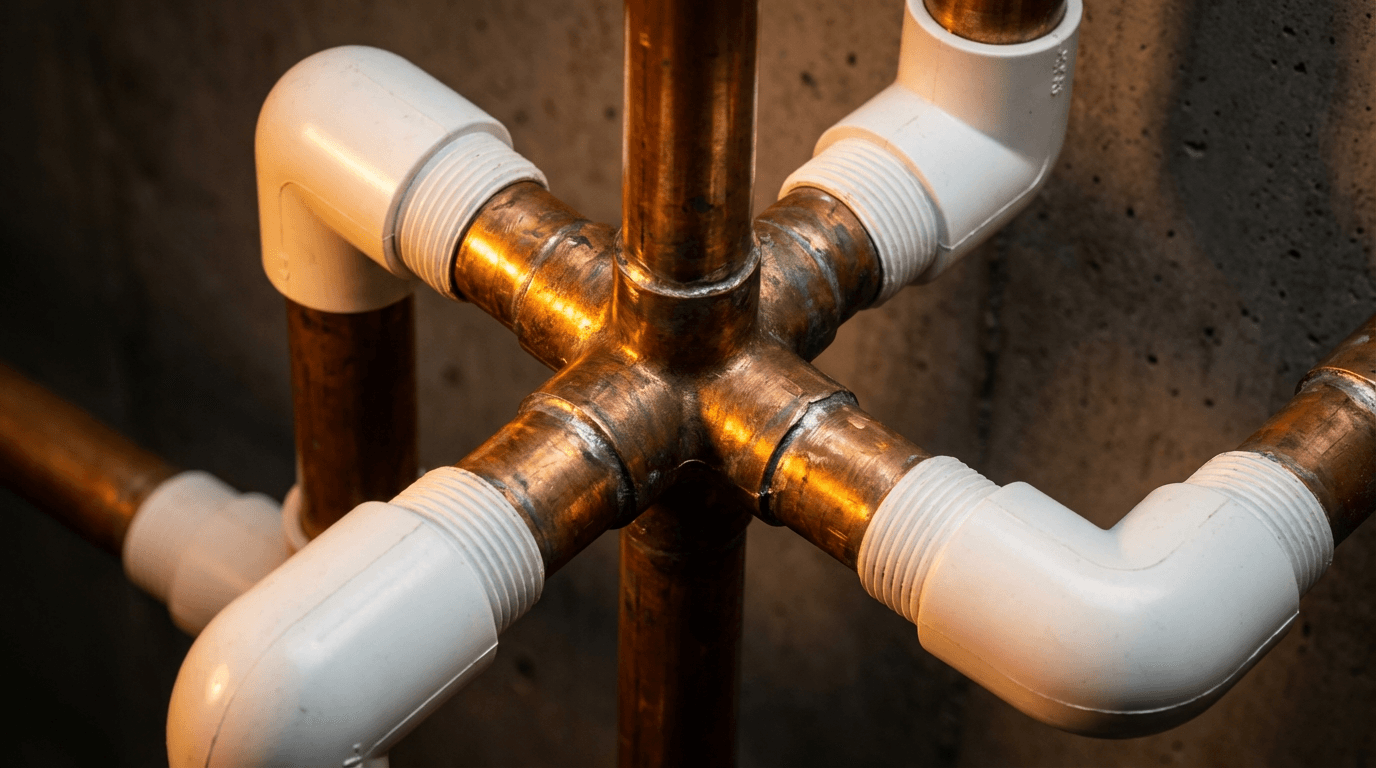 Professional plumber inspecting and adjusting copper pipes during a service call