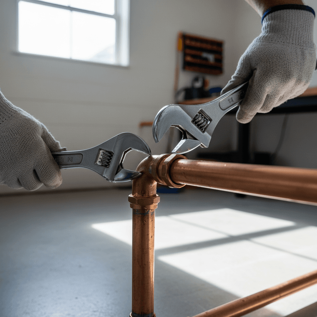 Plumber's hands using wrench to connect copper pipes and fittings in basement setting