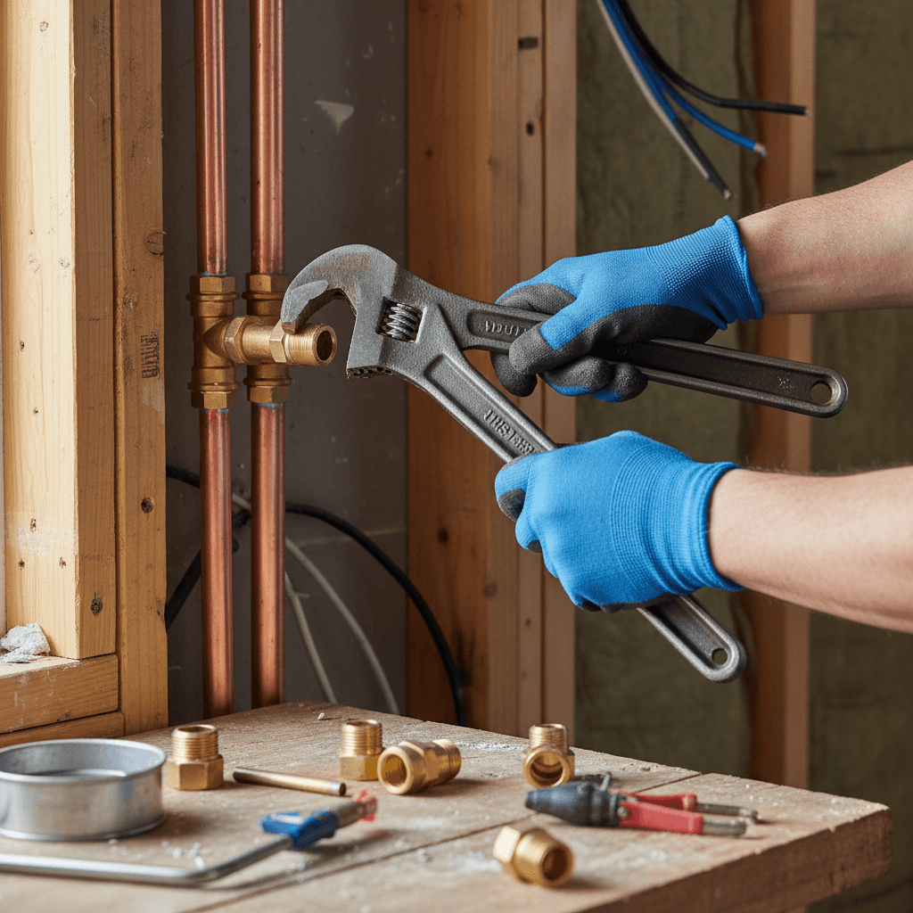 Plumber installing drain pipe in residential wall