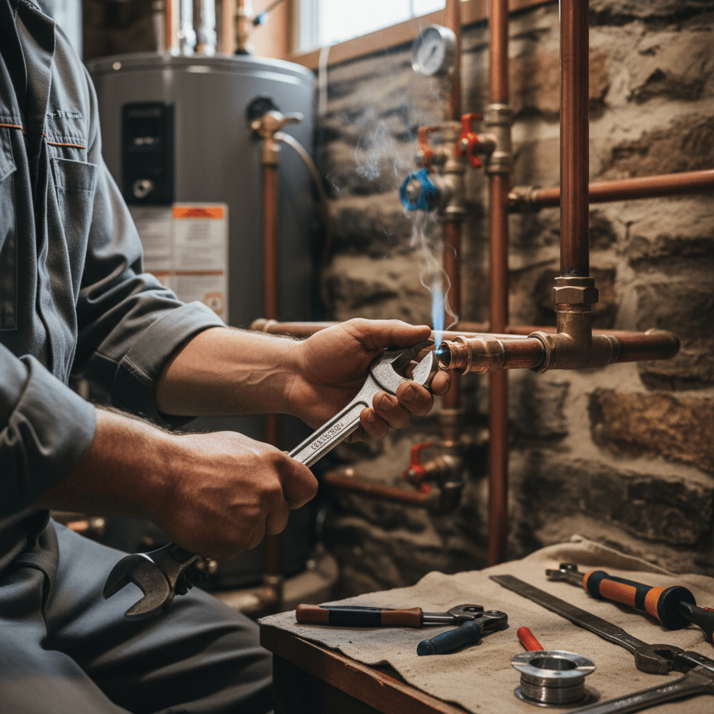 Professional plumber performing pipe repair work with precision and focus